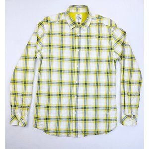 Diesel Size Medium Men Logo Tag Yellow White Blue Check Long Sleeve Cotton Shirt